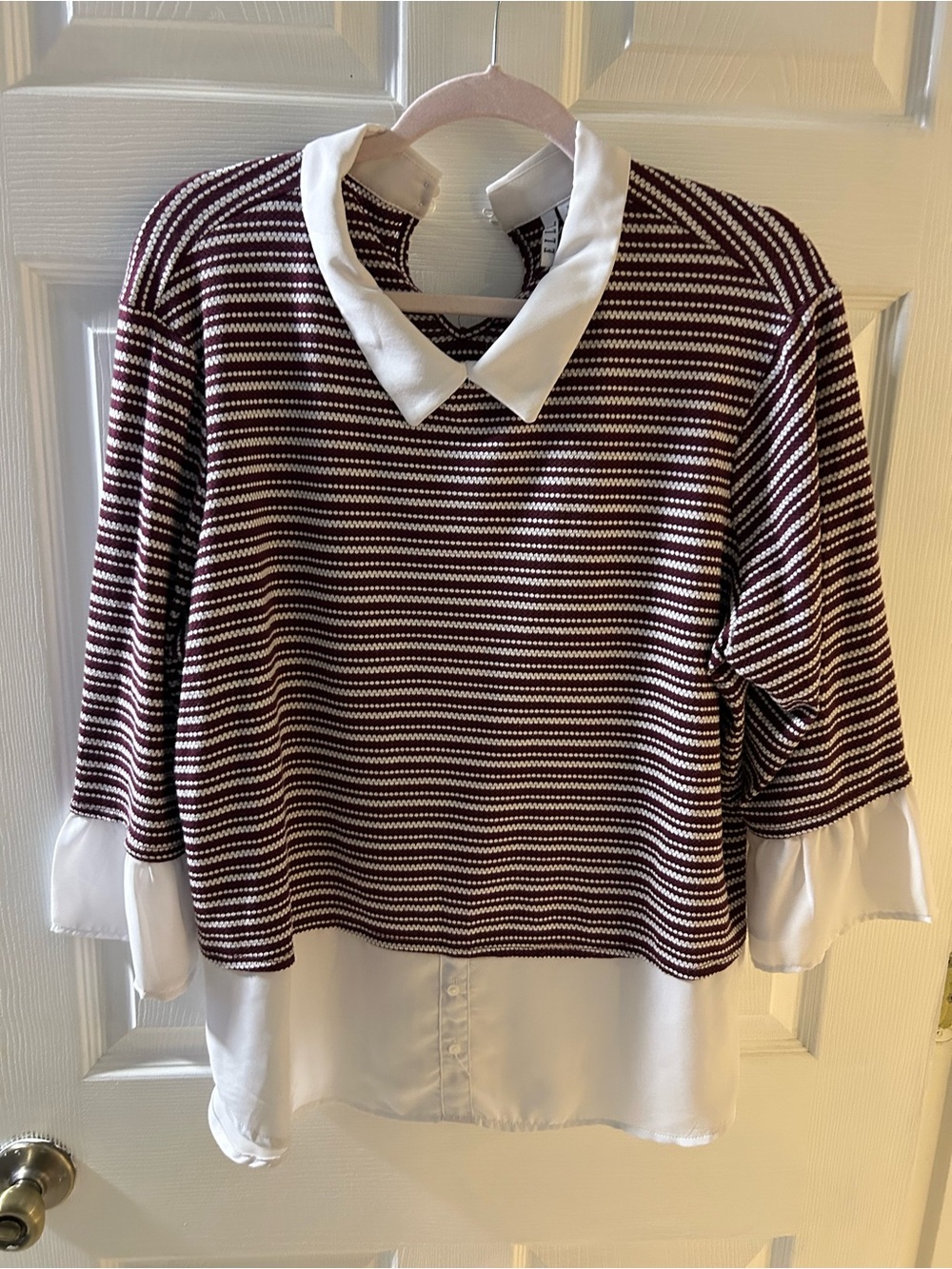 ELLE Women's Maroon & White Striped Collared Button Tunic Blouse Short Sleeve XL